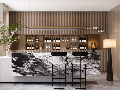 Modern Sales Office Reception Area With Marble Counter Black Bar Stools And Decorative Plants 3d model