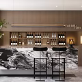 Modern Sales Office Reception Area With Marble Counter Black Bar Stools And Decorative Plants