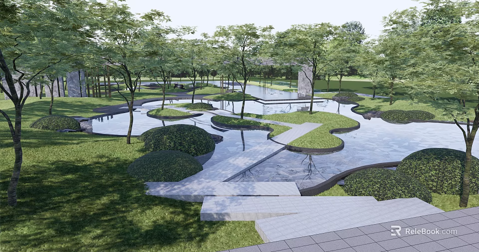 Scenic Park Landscape With Ponds Trees Stone Walkways And Green Lawns 3d model 