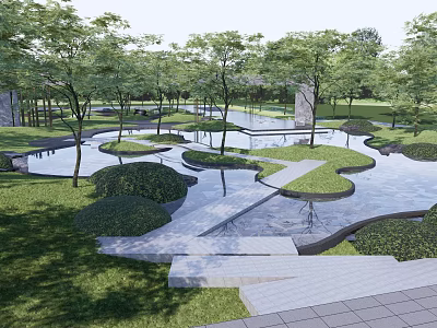 Scenic Park Landscape With Ponds Trees Stone Walkways And Green Lawns 3d model