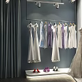 Elegant Bridal Dresses Hanging In Boutique With Mannequin And Colorful High Heels