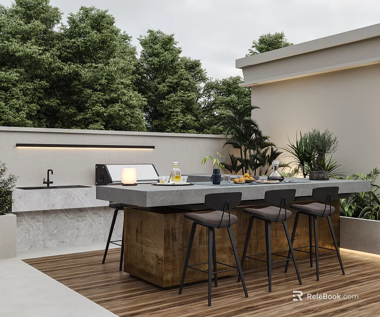 Modern Outdoor Garden Featuring Kitchen Grill Dining Table Bar Stools Green Plants and Wooden Flooring 3d model 