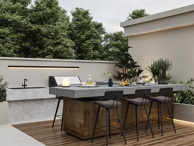Modern Outdoor Garden Featuring Kitchen Grill Dining Table Bar Stools Green Plants and Wooden Flooring 3d model