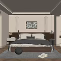 Elegant Bedroom Interior With Wooden Headboard Soft Bedding Nightstand Lamp And Decorative Artwork