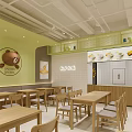 Modern Chinese Porridge Restaurant Exterior With Light Green White Design Orange Chairs And Green Plant