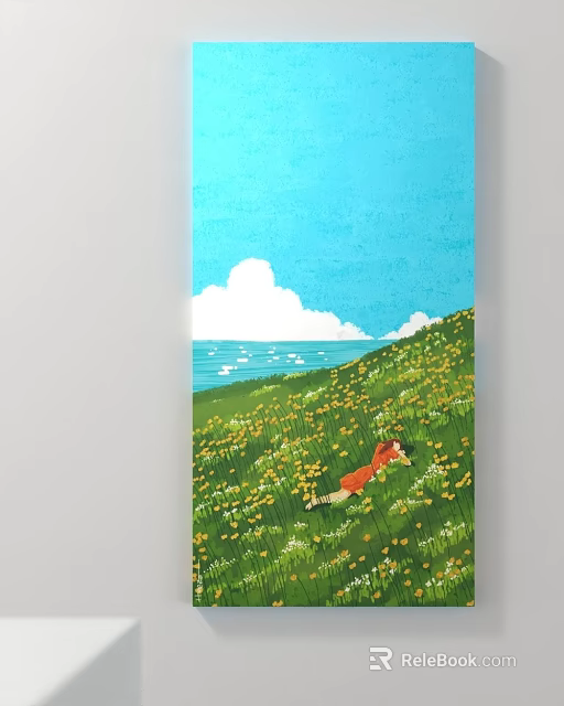 Red Fox Running In Green Meadow With Yellow Flowers Blue Sky And White Clouds 3d model 