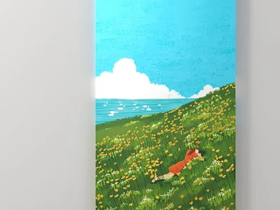 Red Fox Running In Green Meadow With Yellow Flowers Blue Sky And White Clouds 3d model