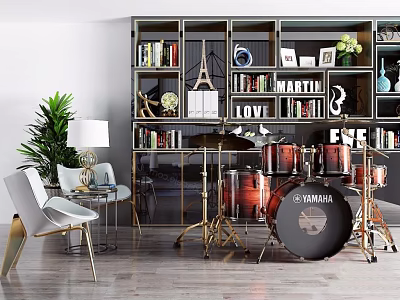 Musical Instruments And Art Supplies In Room With Drum Set Bookshelves And Green Plant 3d model