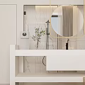 Modern Minimalist Bedroom Interior With Beige Bed Wall Art Round Mirror And Area Rug