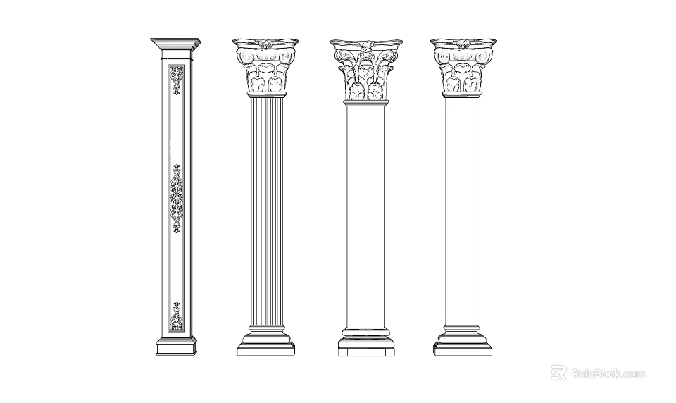 Classic Roman Columns With Various Architectural Designs In Line Drawings 3d model 