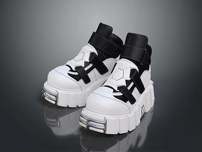 Stylish Black And White Shoes With Thick Sole And Unique Strap Design For Daily Wear 3d model