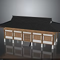 Traditional East Asian Building with Black Tiled Roof Overhanging Eaves and Wooden Framed Windows