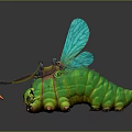 Green Caterpillar With Blue Wings And Small Rider On Back Fantasy Creature Design