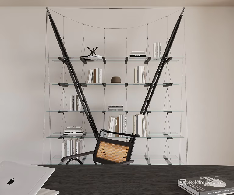 Modern Bookshelf Design With Glass Shelves Black Frame And Decorative Books 3d model 