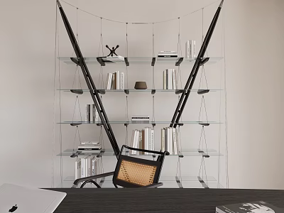 Modern Bookshelf Design With Glass Shelves Black Frame And Decorative Books 3d model