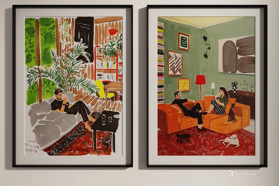 Two Framed Colorful Artworks Depicting Interior Scenes With People And Furniture 3d model 