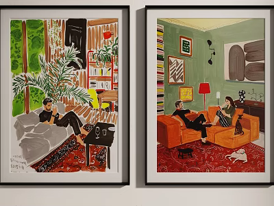 Two Framed Colorful Artworks Depicting Interior Scenes With People And Furniture 3d model