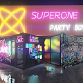 Modern Memory Tavern Interior Night Scene With Neon Lights Tables Chairs And Staircase