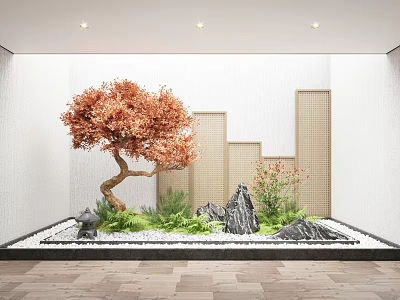 Indoor Landscape with Red Tree Rock Formations Green Plants White Gravel and Geometric Wall Panels 3d model