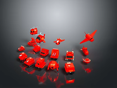 Red Military Weapon Models With Fighter Jets Helicopters And Armored Vehicles On Black Reflective Surface 3d model