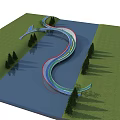 Curved Landscape Bridge With Colored Walkways Over Water And Lush Trees