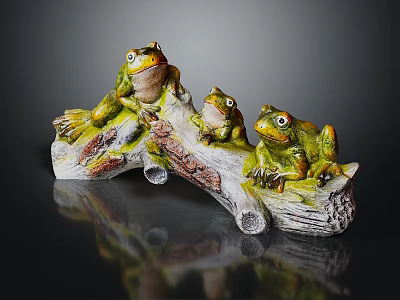 Three Colorful Ceramic Frog Figurines Perched On Tree Branch Decorative Base 3d model