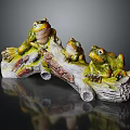 Three Colorful Ceramic Frog Figurines Perched On Tree Branch Decorative Base