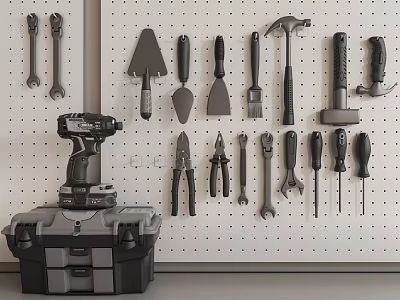 Hardware Tools On Pegboard With Toolbox And Drill 3d model