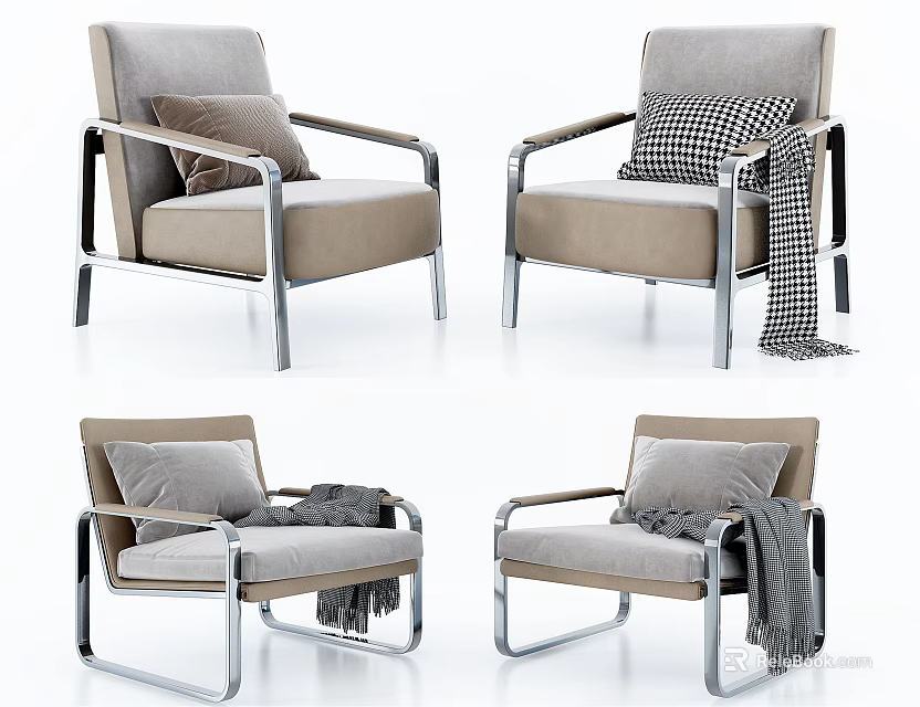 Modern Minimalist Leisure Chair with Metal Frame Gray Beige Cushion and Throw Blanket 3d model 