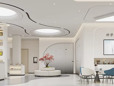 Modern Hotel Lobby Interior With Circular Lights And Seating 3d model