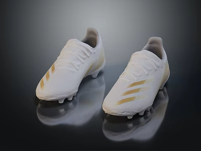 White Gold Soccer Cleats with Gold Stripes Upper and Spiked Soles on Black Reflective Background 3d model