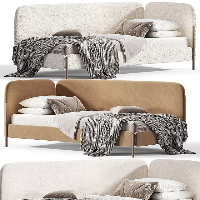 Modern Beige Children's Bed With Upholstered Headboard Soft Blanket and Pillows Minimalist Style 3d model 