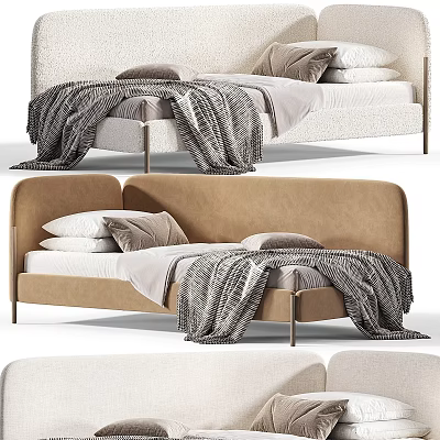 Modern Beige Children's Bed With Upholstered Headboard Soft Blanket and Pillows Minimalist Style 3d model
