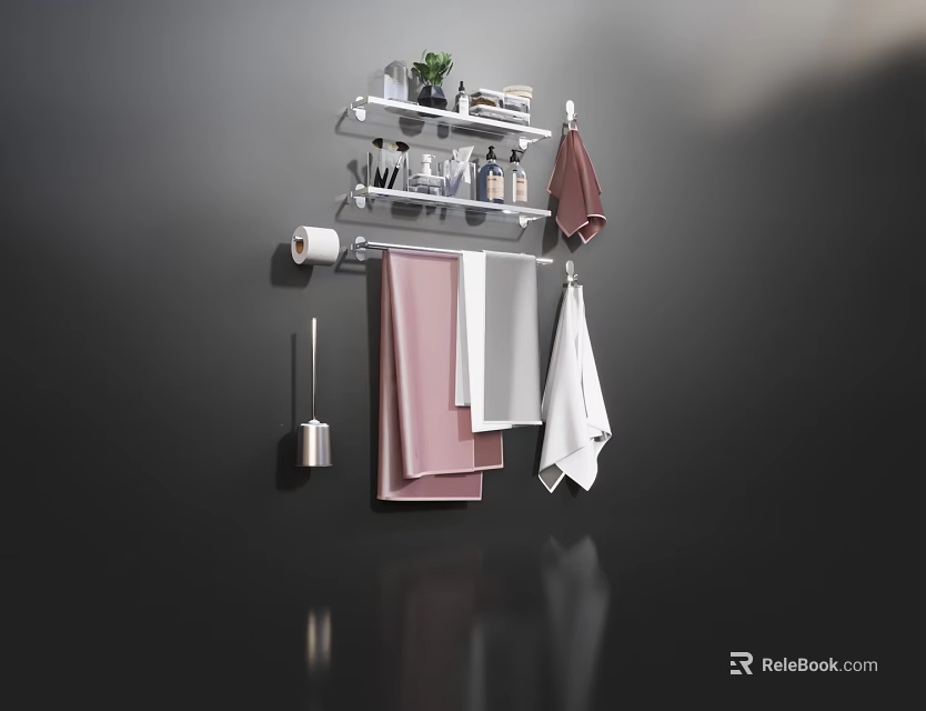 Practical Bathroom Accessories Set With Shelf Towels Toilet Paper Holder And Brush 3d model 
