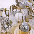 Elegant Gold and White Dinnerware Set with Pumpkin Decor Tiered Stand and Feather Table Setting 3d model