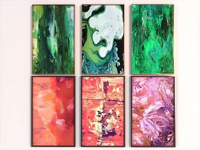 Vibrant Abstract Paintings with Green Red Pink Colors and Textured Brushstrokes on Wall 3d model
