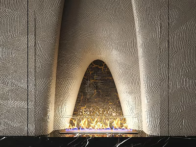 Modern Textured Wall Fireplace With Arched Marble Interior And Flaming Base Countertop 3d model
