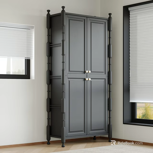 Modern Gray Double Door Wardrobe With Open Side Shelves By Window 3d model 