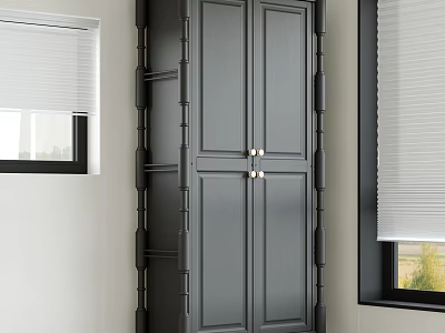 Modern Gray Double Door Wardrobe With Open Side Shelves By Window 3d model