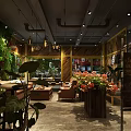 Cozy Restaurant Interior With Green Plant Wall Wooden Furniture And Hanging Lights