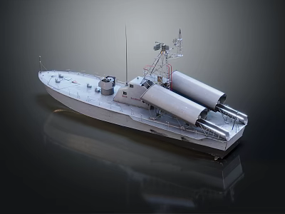 Modern Military Warship With Twin Missile Launchers Radar Antenna On Calm Water Surface 3d model