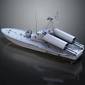 Modern Military Warship With Twin Missile Launchers Radar Antenna On Calm Water Surface
