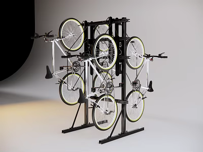 Multi Level Black Metal Bicycle Parking Rack With White Wheel Bicycles 3d model