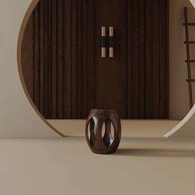 Minimalist Dark Brown Wooden Side Table With Cutout Design And Circular Frame 3d model