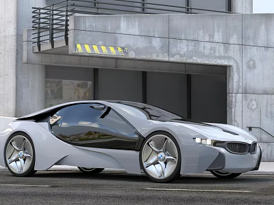Silver Futuristic Sports Car with Sleek Design and Large Wheels in Front of Modern Building 3d model