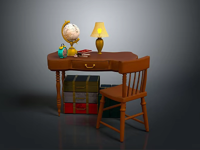 Wooden Writing Desk With Globe Lamp Books And Chair Nearby Boxes 3d model