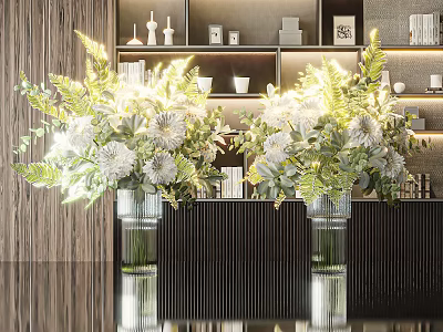 Glass Vases with White Flowers and Green Leaves on Modern Shelf with Decorative Items 3d model