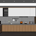 Modern Minimalist Kitchen Interior With Wooden Cabinets White Upper Cabinets Gray Countertop And Kitchen Utensils