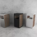 Three Public Facilities Trash Bins With Gray Black White Design And Wooden Stripes