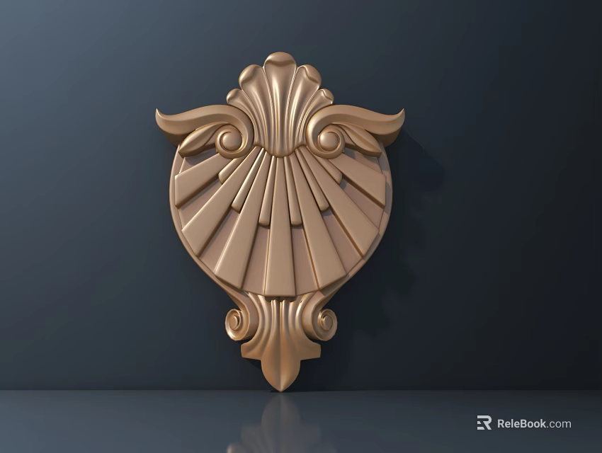 Golden Decorative Sculpture Carving Featuring Shell Shaped Center and Scroll Patterns on Dark Background 3d model 